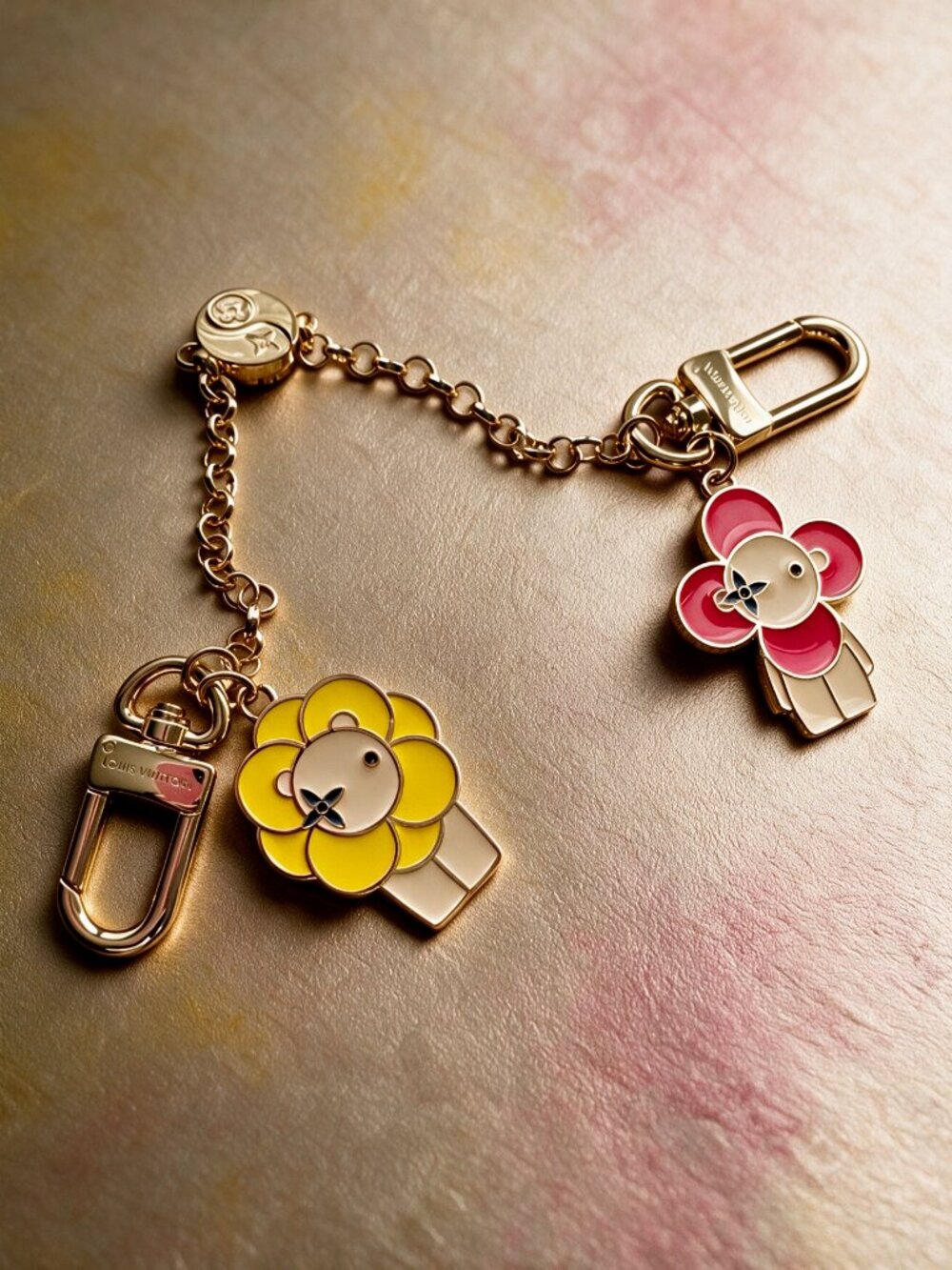 Gold-tone Flower Charm Keychain with Yellow and Pink Enamel Flowers